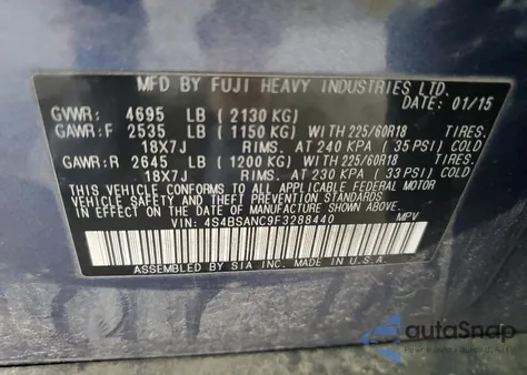 2015 Subaru Outback 2.5I Limited z USA, uszkodzony, nr VIN 4S4BSANC9F3288440